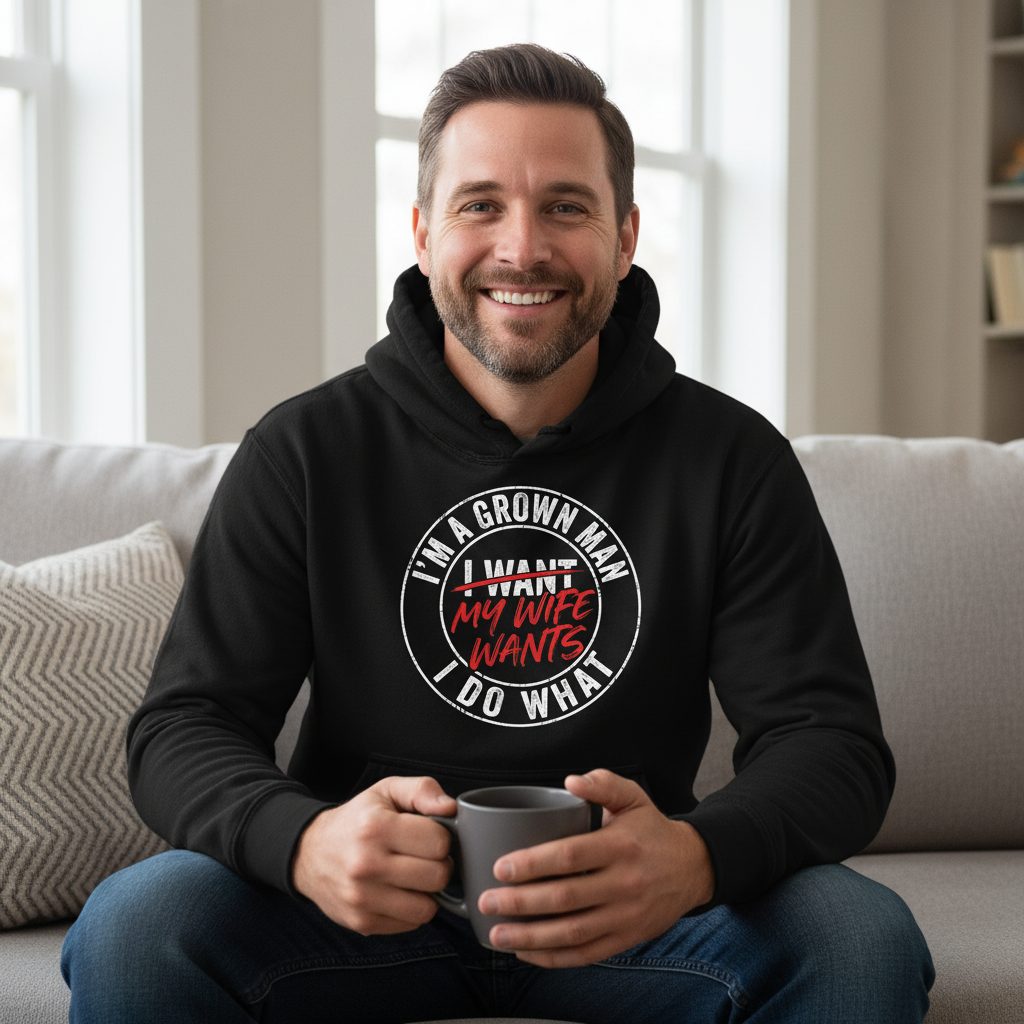 I'm a Grown Man I Do What I Want My Wife Wants Hoodie - lifestyle model mockup - Black