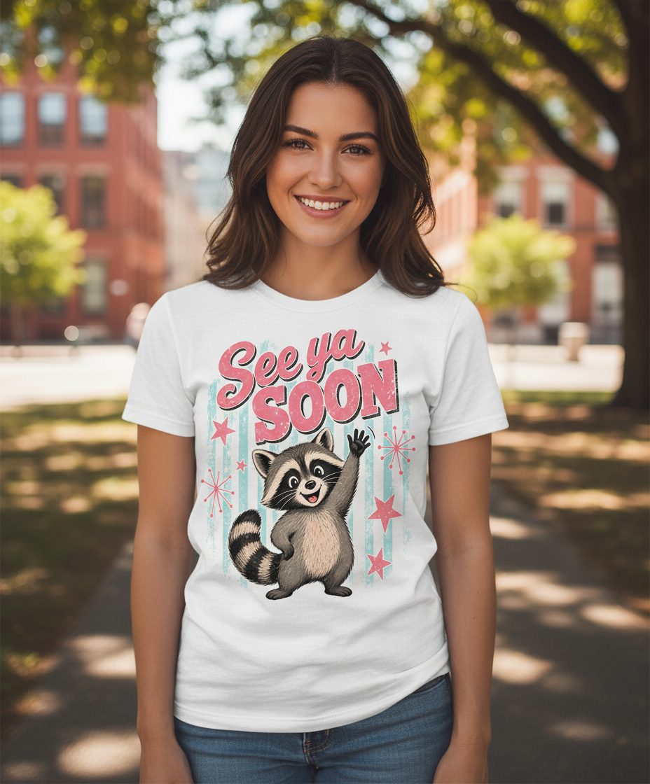 See Ya SOON Retro Raccoon T-Shirt - lifestyle model mockup - White