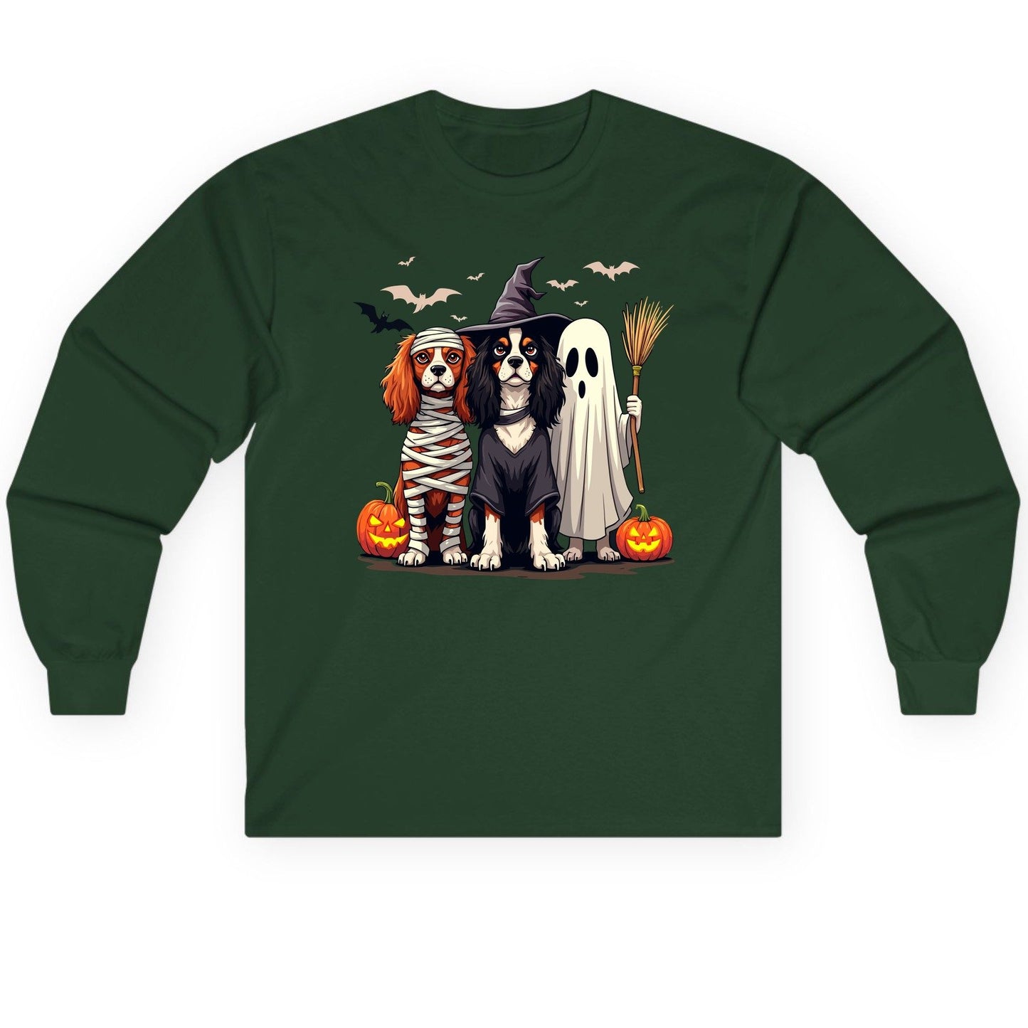 Cavalier Spaniel Halloween Dogs cavalier king charles spaniel Long Sleeve Tee Forest Green product mockup