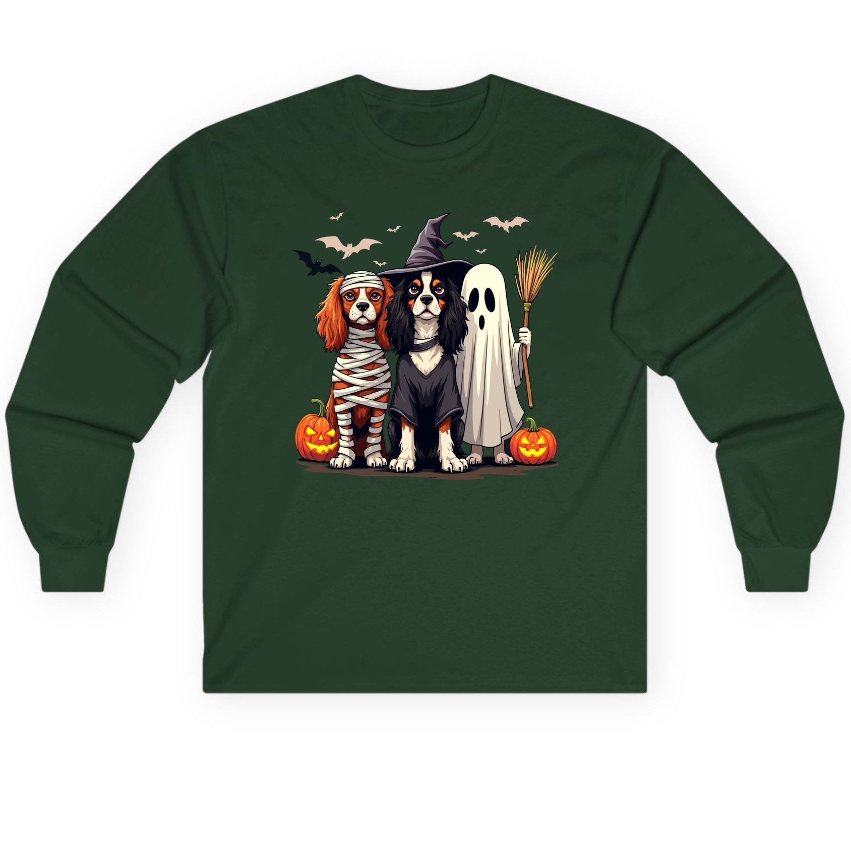 Cavalier Spaniel Halloween Dogs cavalier king charles spaniel Long Sleeve Tee Forest Green product mockup