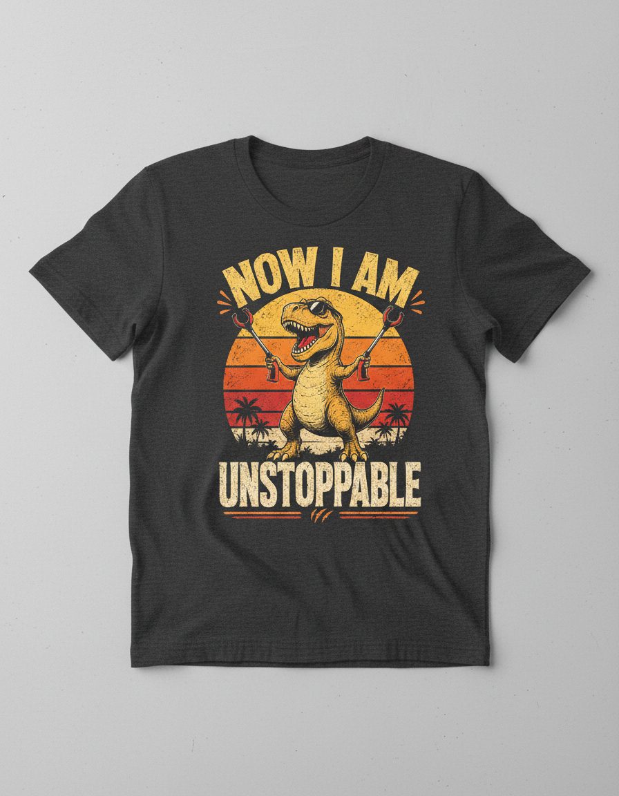 Now I Am Unstoppable Funny T-Rex T-Shirt - product mockup - Dark Heather