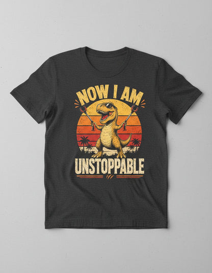 Now I Am Unstoppable Funny T-Rex T-Shirt - product mockup - Dark Heather