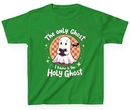 The Only Ghost I Know Is the Holy Ghost christian Halloween Youth T-Shirt Irish Green product mockup