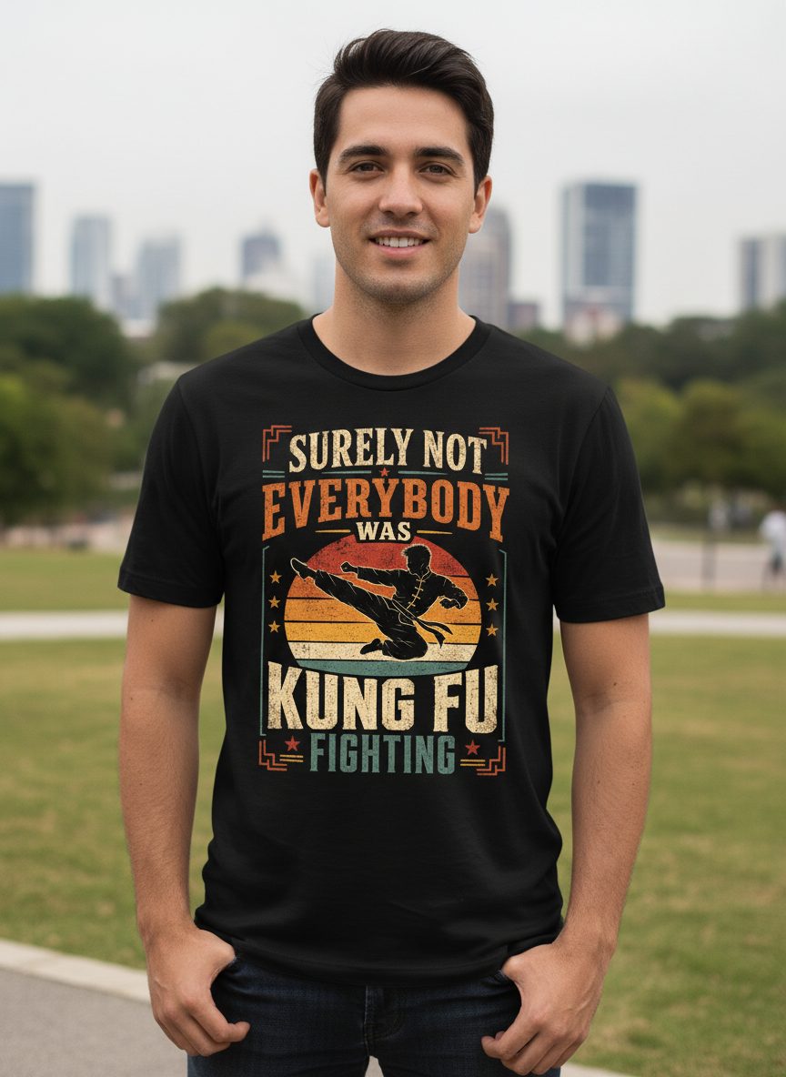 Surely Not Everybody Was Kung Fu Fighting Funny Martial Arts T-Shirt - lifestyle model mockup - Black