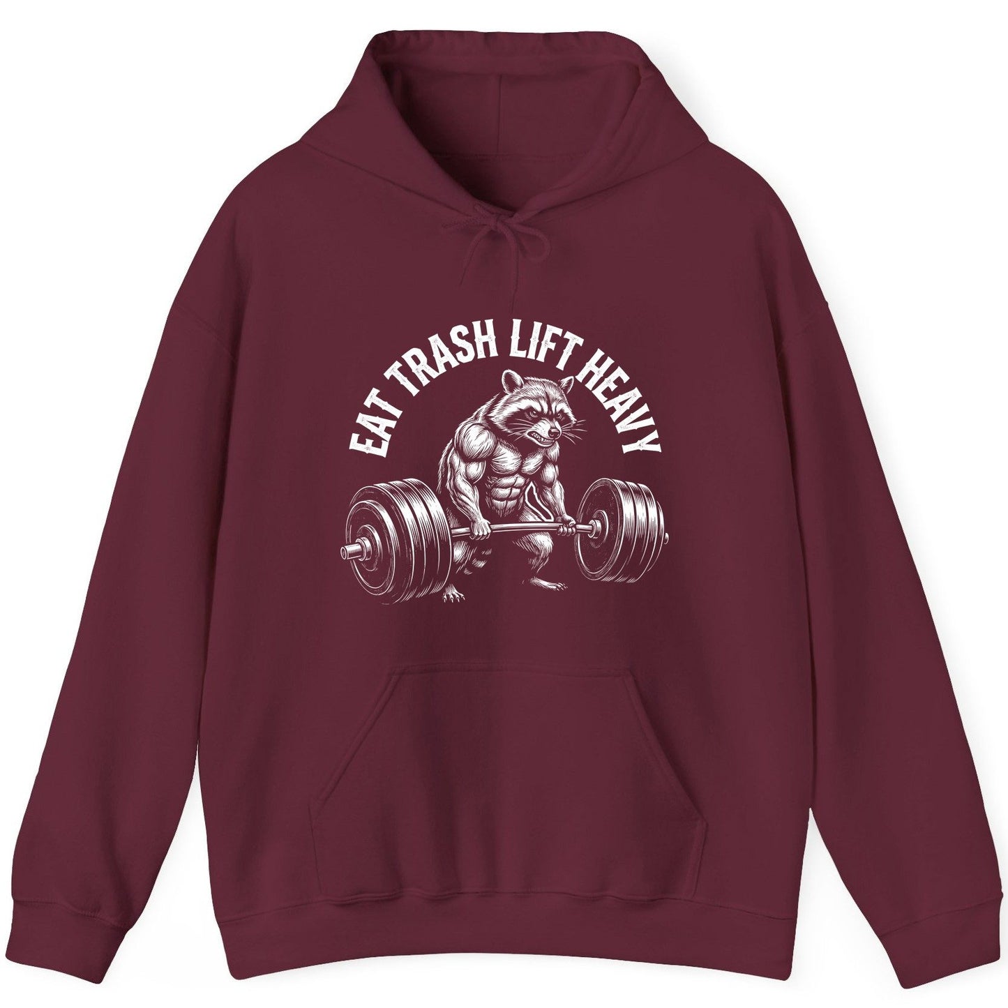 Eat Trash Lift Heavy raccoon Hoodie Maroon product mockup