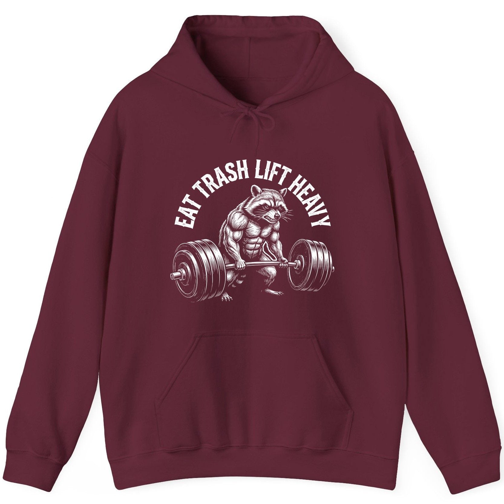 Eat Trash Lift Heavy raccoon Hoodie Maroon product mockup