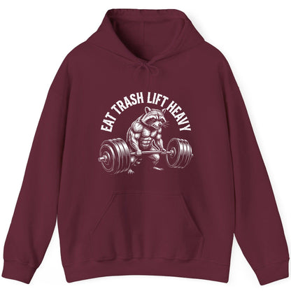 Eat Trash Lift Heavy raccoon Hoodie Maroon product mockup