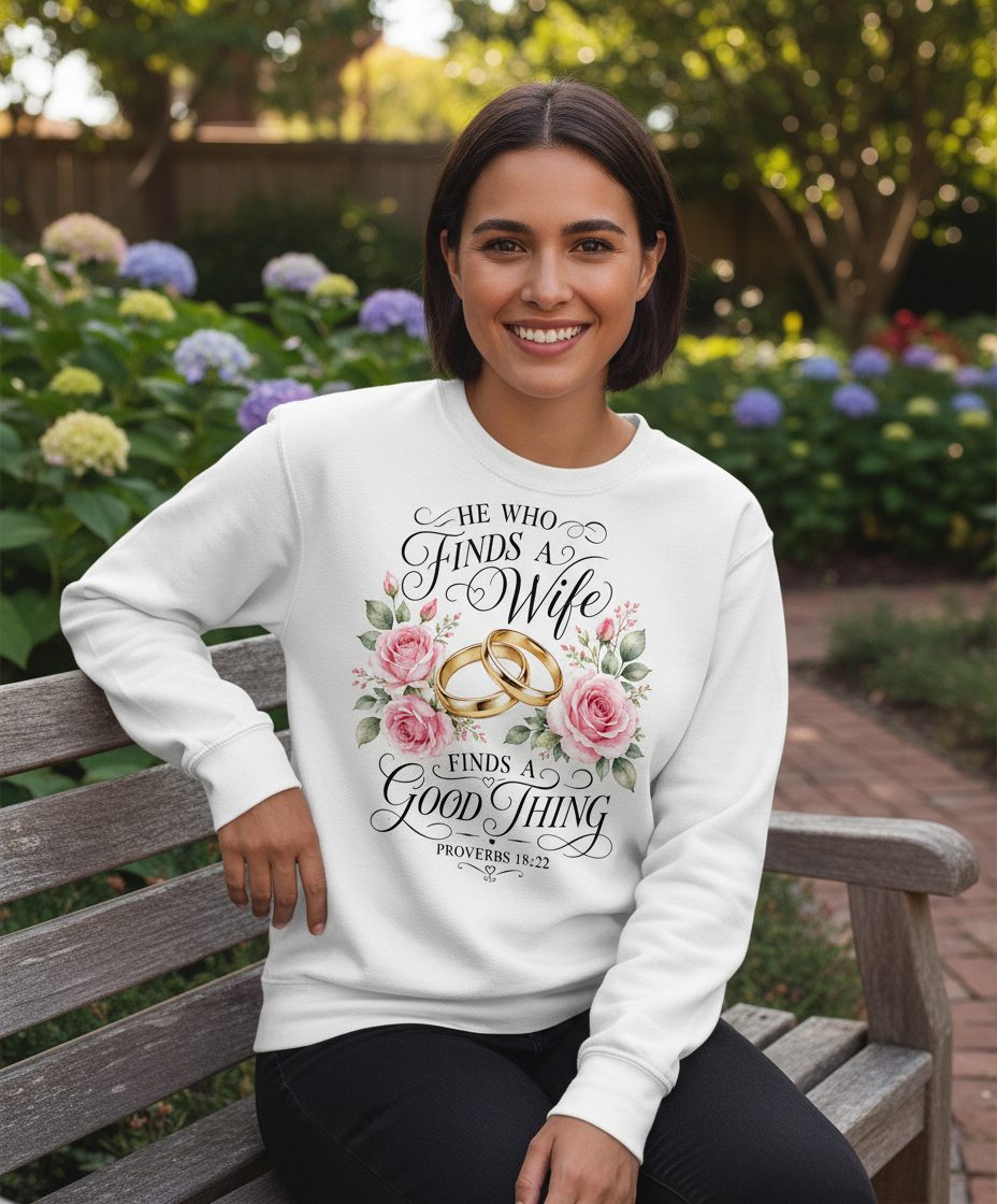 He Who Finds a Wife Finds a Good Thing Proverbs 18 22 Sweatshirt - lifestyle model mockup - White