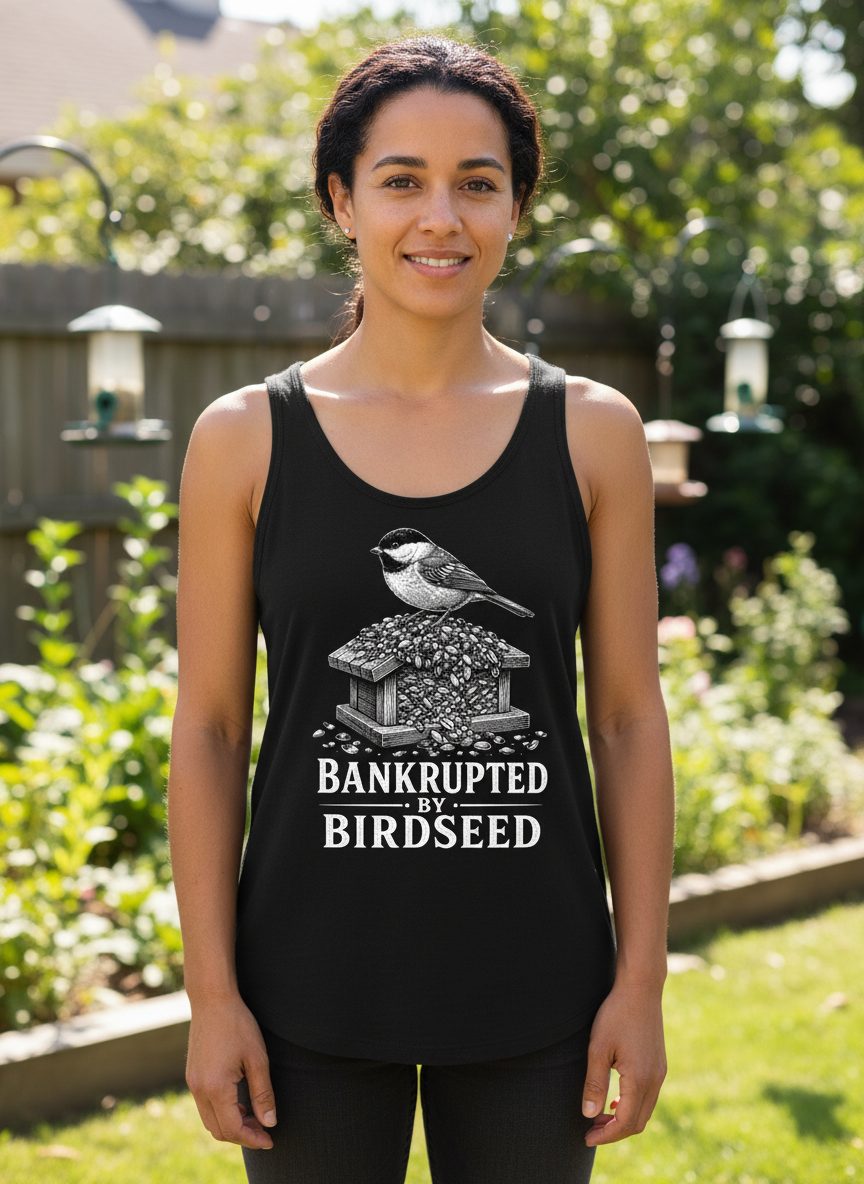 Bankrupted By Birdseed Funny Tank Top - lifestyle model mockup - Black