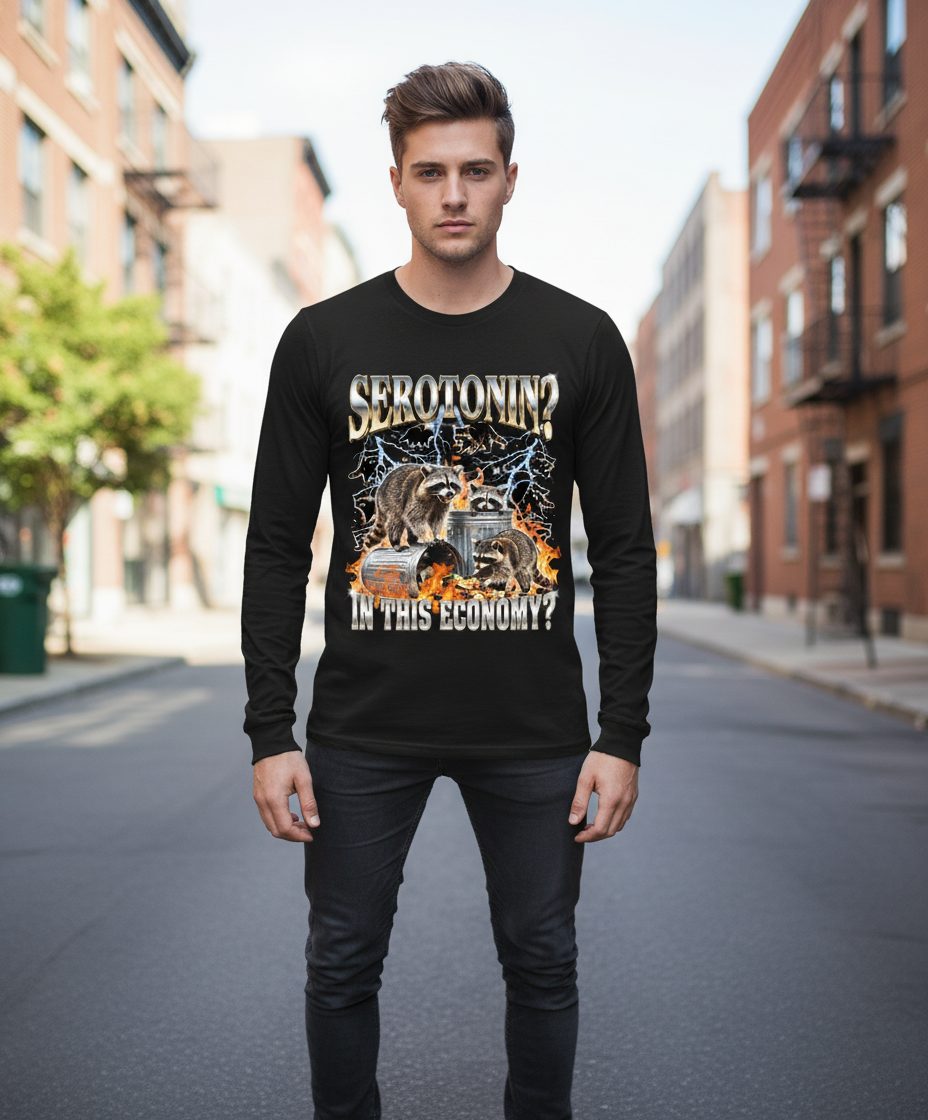 Serotonin in This Economy? raccoons Long Sleeve Tee Black lifestyle mockup