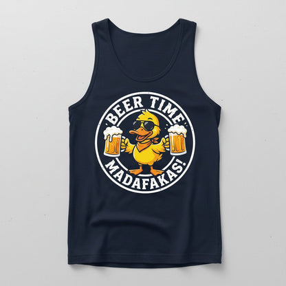 BEER TIME MADAFFAKAS! Funny Duck drinking beer Beer Time Madafakas Duck Tank Top - product mockup - Navy