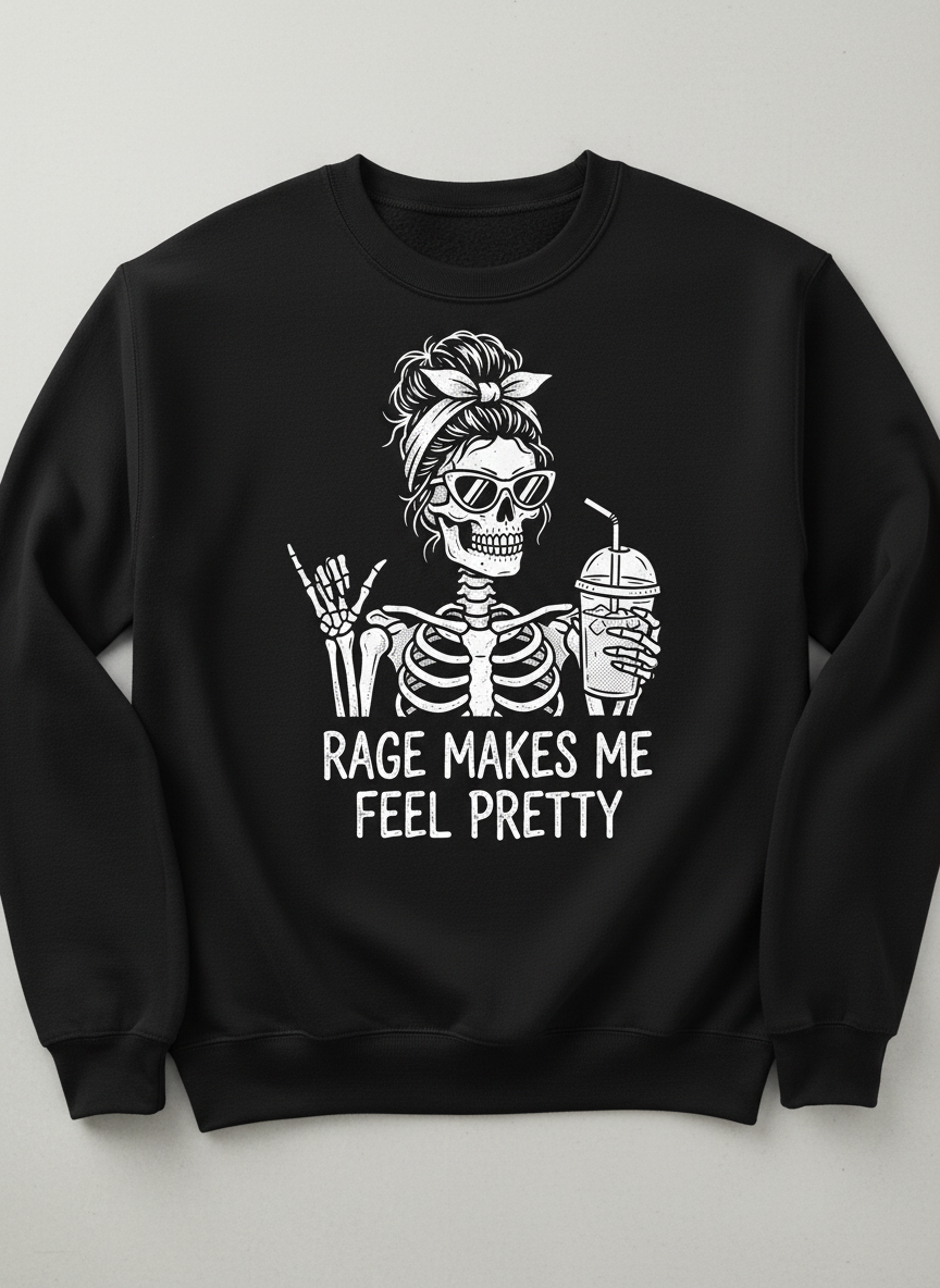 Rage Makes Me Feel Pretty Skeleton Messy Bun Sweatshirt - Black