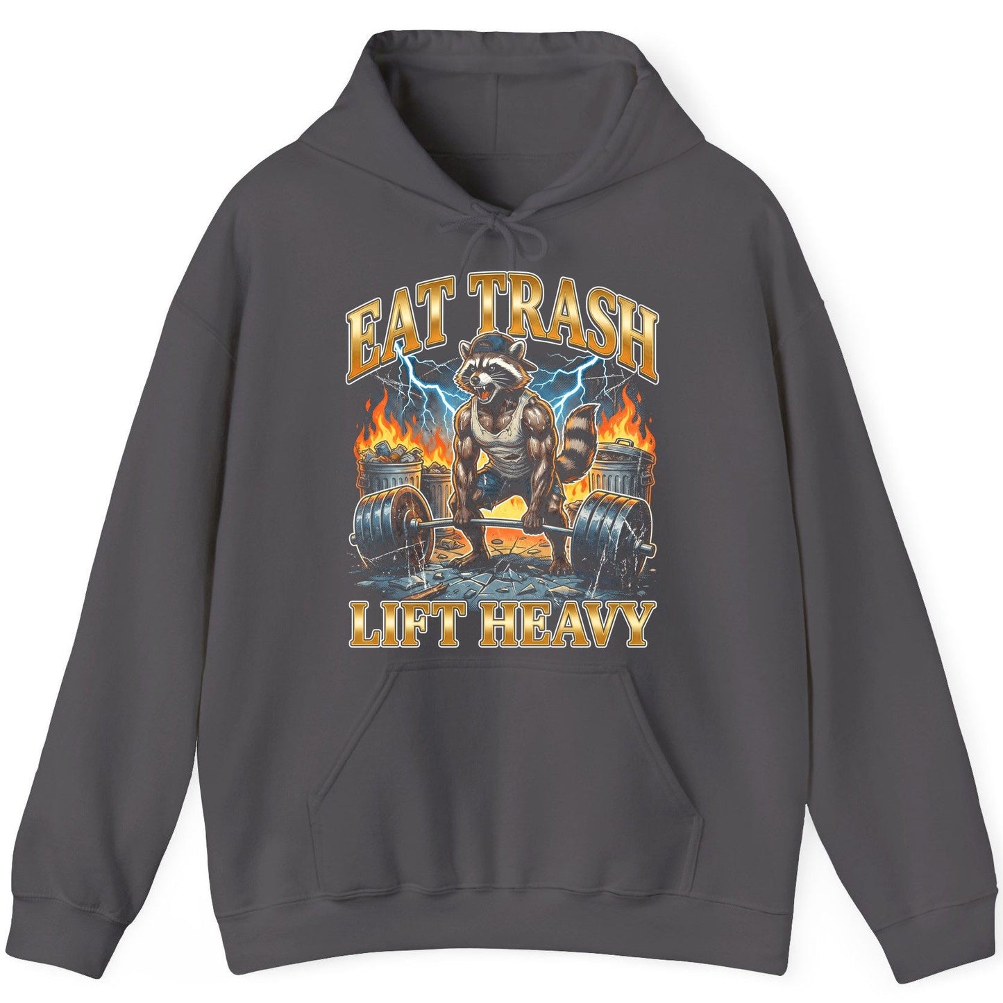 Eat Trash Lift Heavy raccoon Hoodie Charcoal product mockup