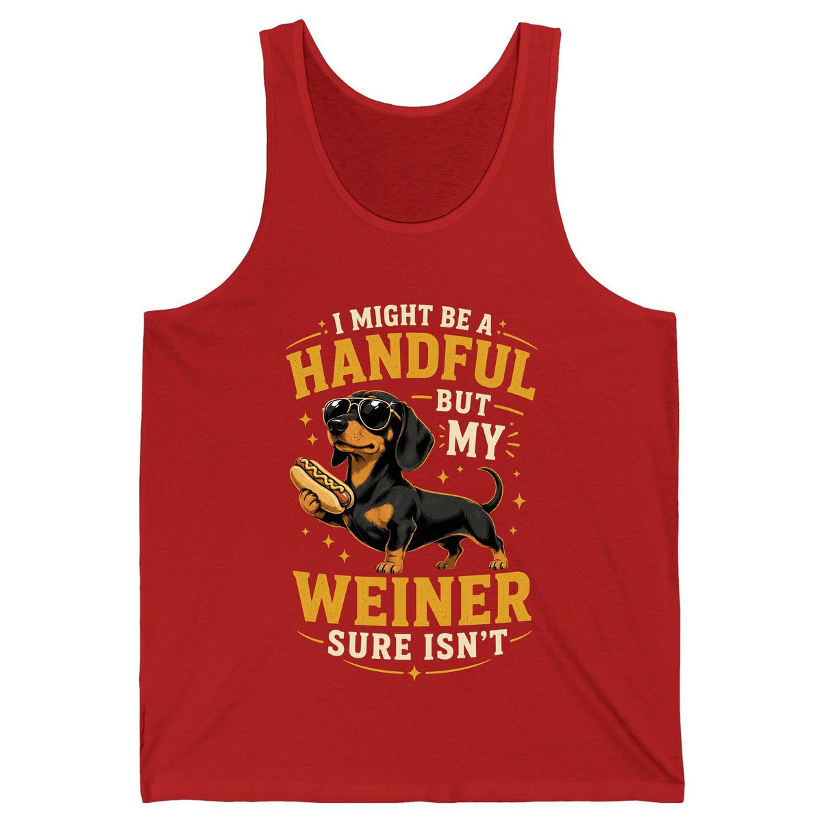 I Might Be a Handful but My Weiner Sure Isn't dachshund Tank Top Red product mockup