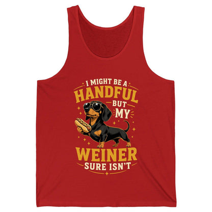 I Might Be a Handful but My Weiner Sure Isn't dachshund Tank Top Red product mockup