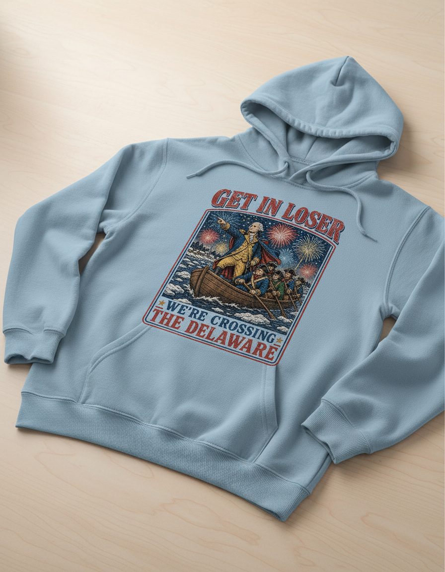 Get in Loser We're Crossing the Delaware Funny American History Hoodie - product mockup - Light Blue