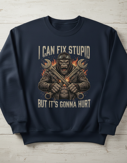 I Can Fix Stupid Gorilla Mechanic Biker Design Sweatshirt - Navy