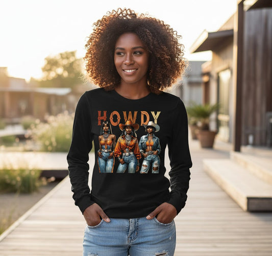 Howdy black cowgirls Long Sleeve Tee Black lifestyle mockup