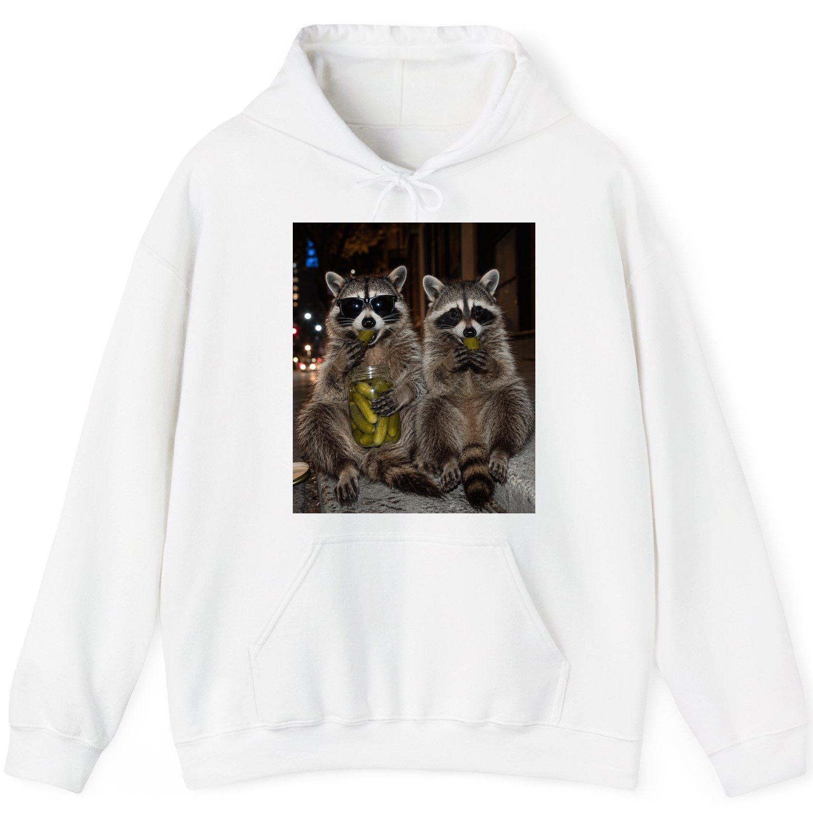 Raccoons Eating Pickles Funny Animal Lovers Hoodie - product mockup - White