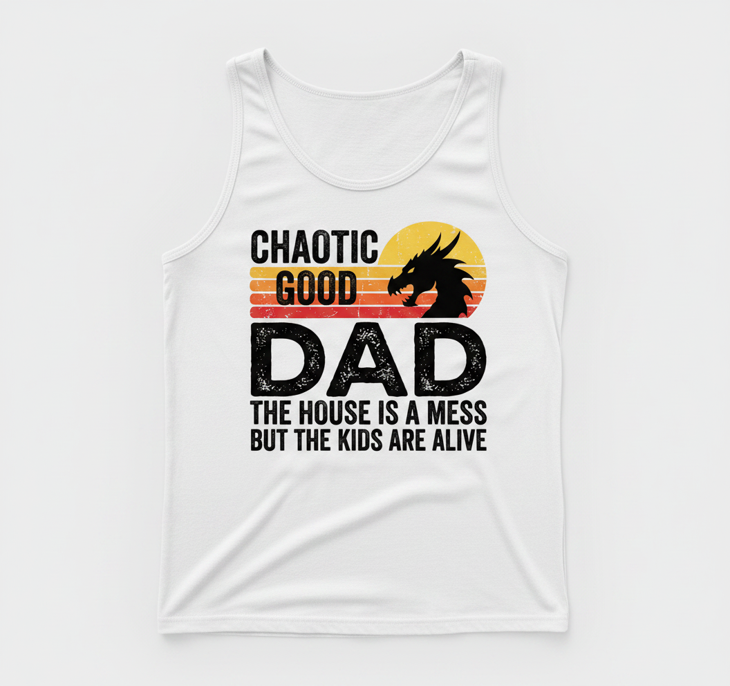 CHAOTIC GOOD DAD THE HOUSE IS A MESS BUT THE KIDS ARE ALIVE Funny Chaotic Good Dad Dragon Tank Top - product mockup - White