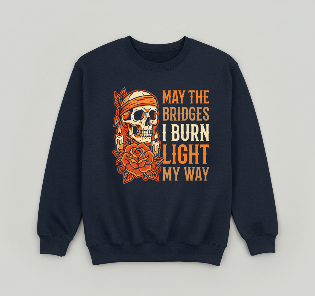 May The Bridges I Burn Light My Way Skull and Rose Tattoo Art Sweatshirt - Navy