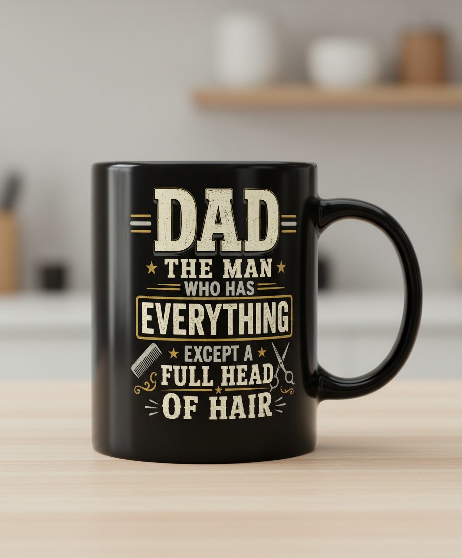 Dad the Man Who Has Everything Except a Full Head of Hair Funny Black Mug - product mockup - Black