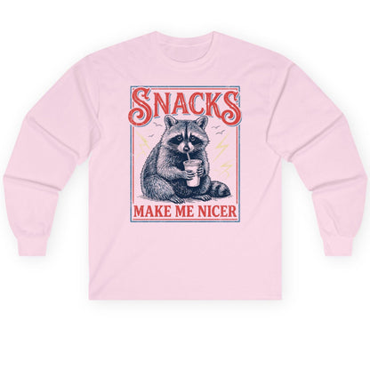 SNACKS MAKE ME NICER Funny Raccoon Long Sleeve Tee - product mockup - Light Pink