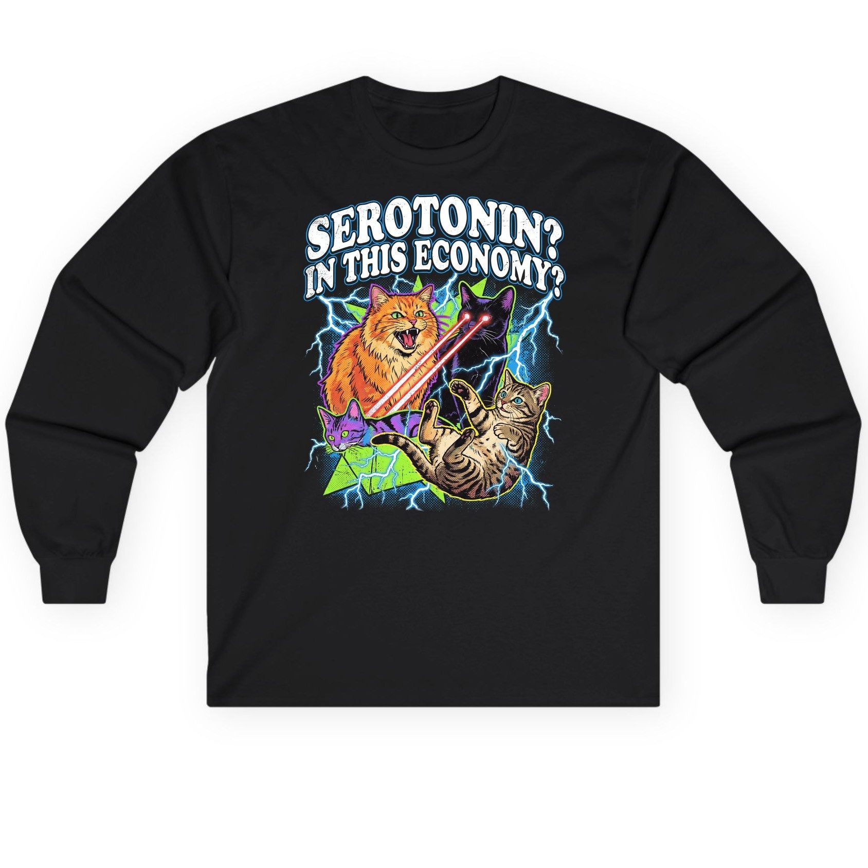 Serotonin in This Economy? cats Long Sleeve Tee Black product mockup
