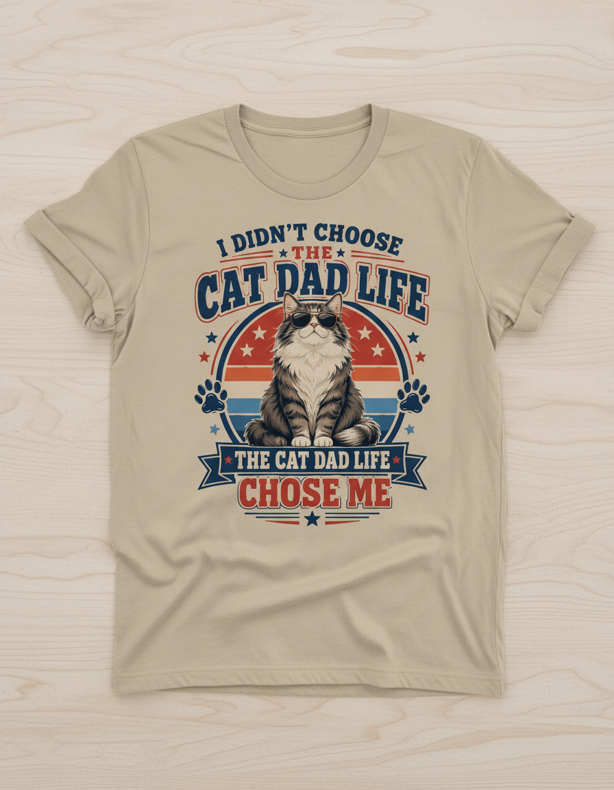 Funny Cat Dad Life Chose Me Vintage Design T-Shirt - Natural