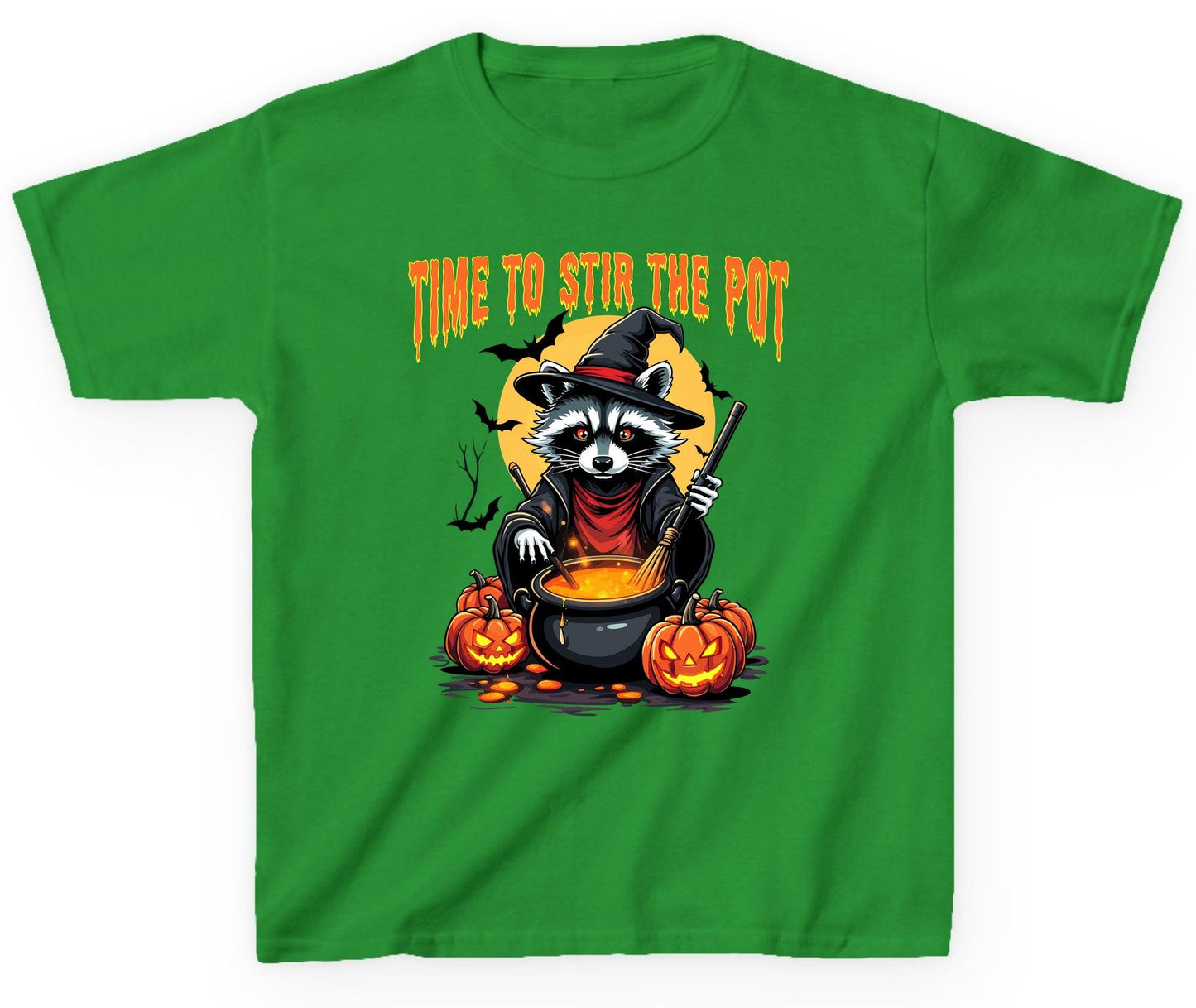Time to Stir the Pot Halloween raccoon Youth T-Shirt Irish Green product mockup