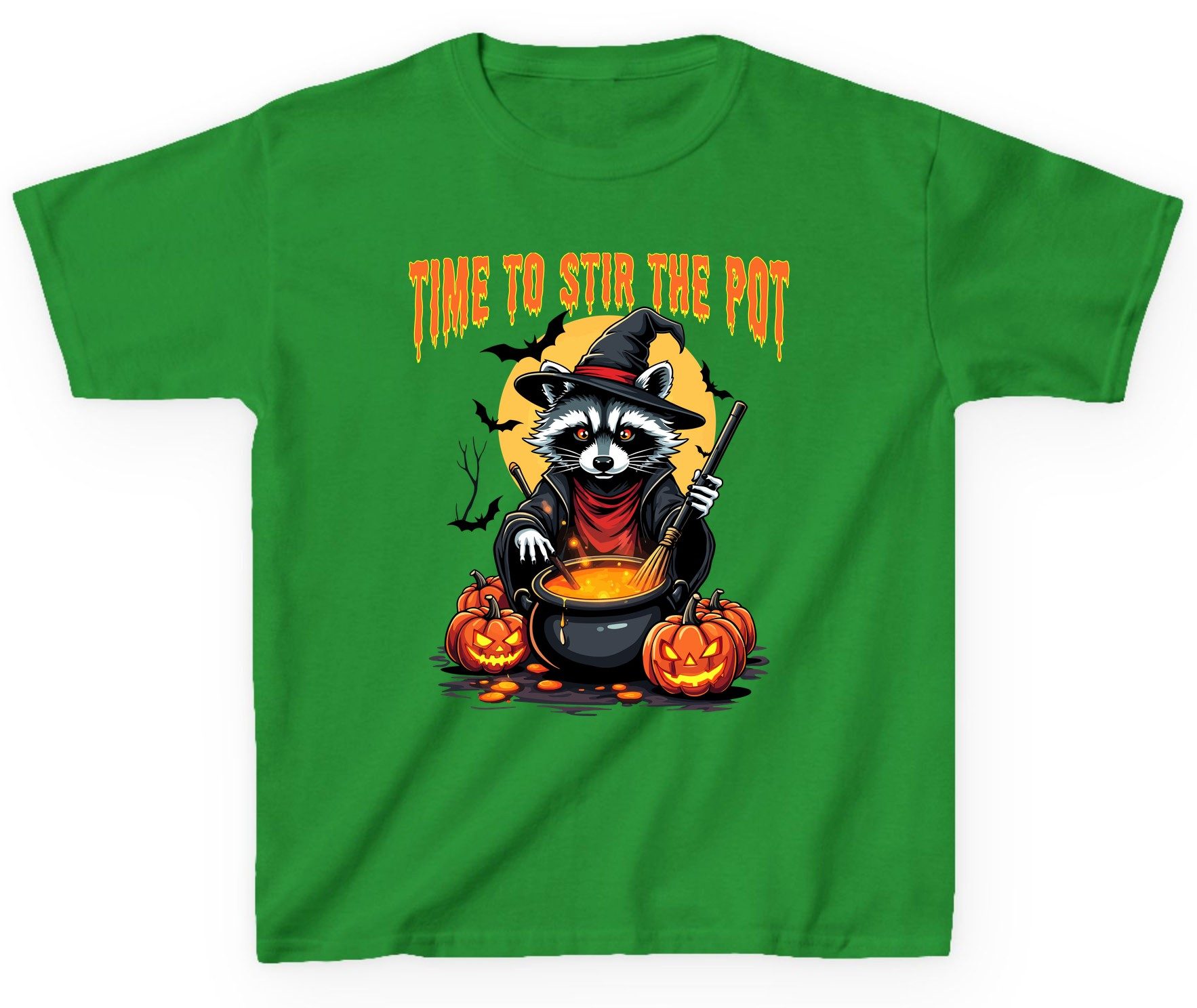 Time to Stir the Pot Halloween raccoon Youth T-Shirt Irish Green product mockup