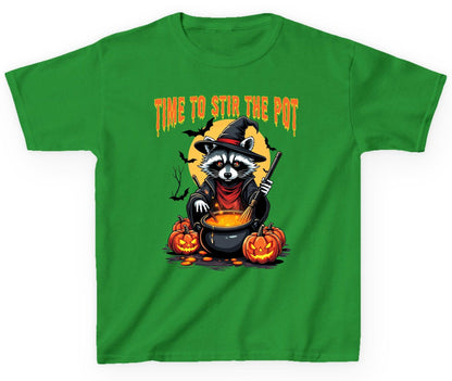 Time to Stir the Pot Halloween raccoon Youth T-Shirt Irish Green product mockup