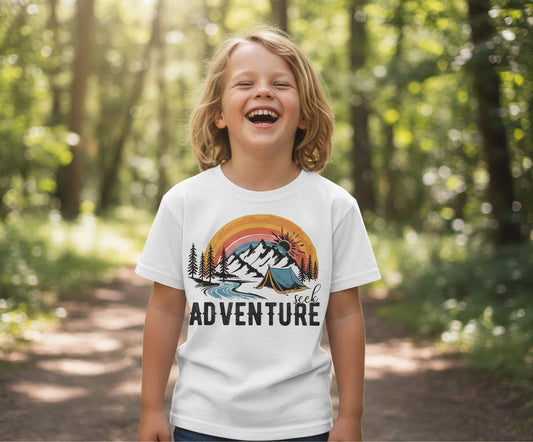 Seek Adventure camping Youth T-Shirt White lifestyle mockup