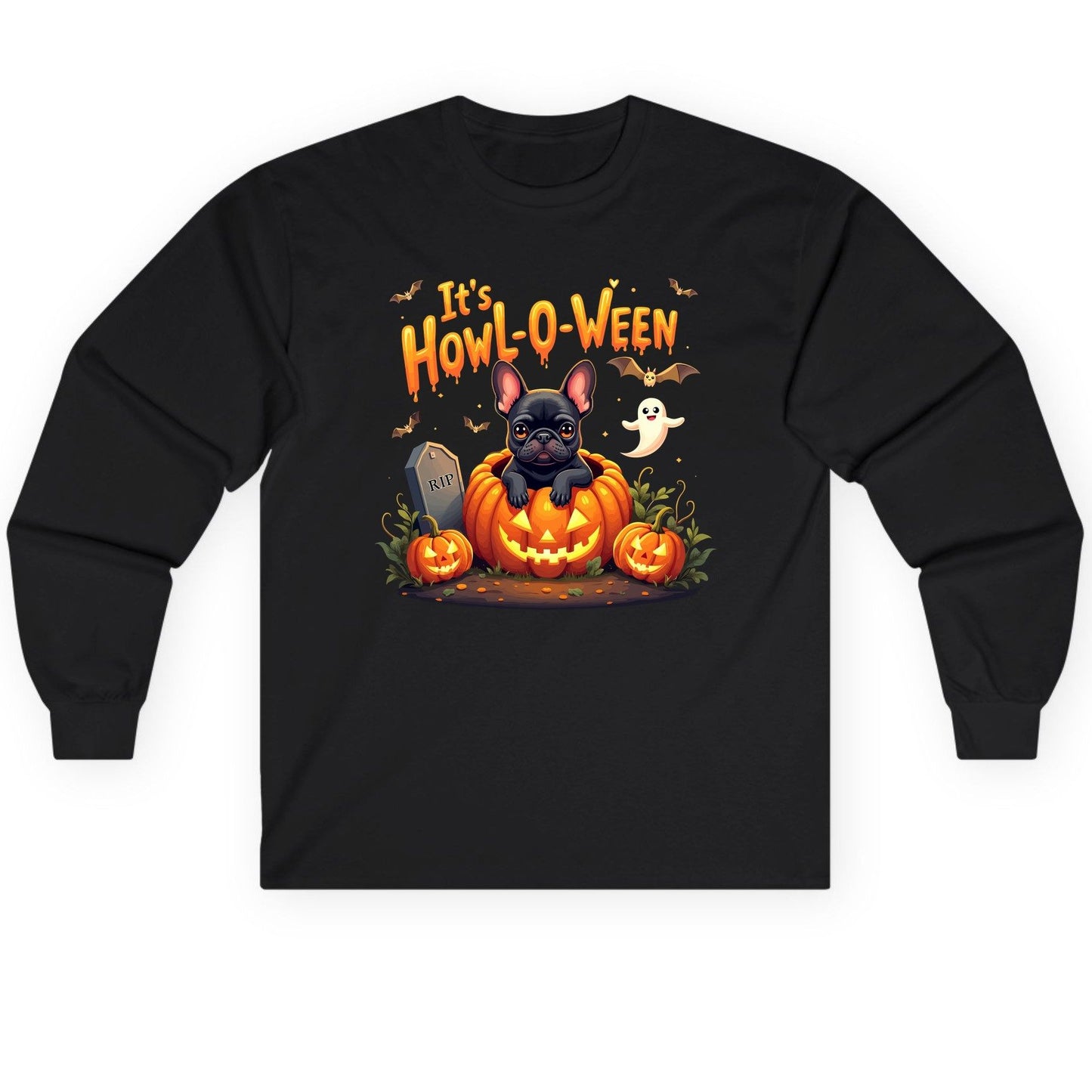 It's Howl-O-Ween french bulldog Long Sleeve Tee Black product mockup