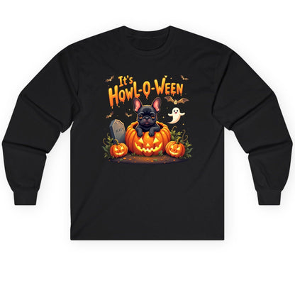 It's Howl-O-Ween french bulldog Long Sleeve Tee Black product mockup