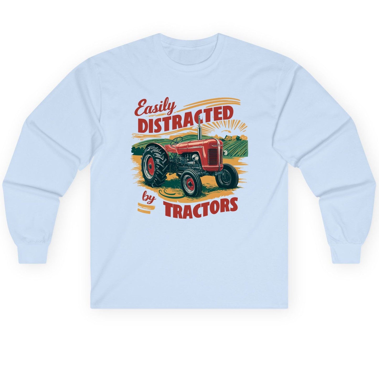 Easily Distracted by Tractors vintage tractor Long Sleeve Tee Light Blue product mockup