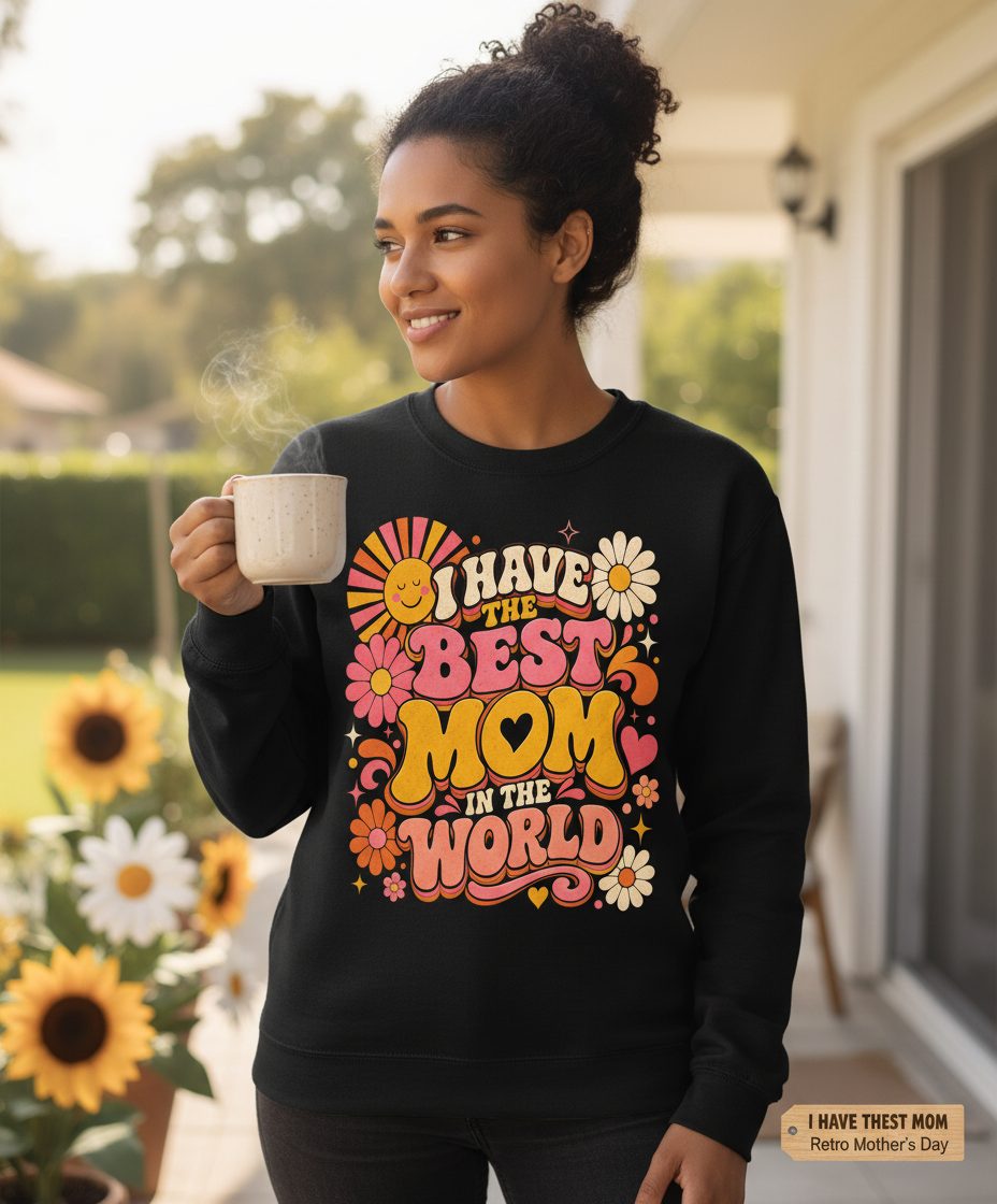 I HAVE THE BEST MOM IN THE WORLD Retro Mother's Day Sweatshirt - lifestyle model mockup - Black
