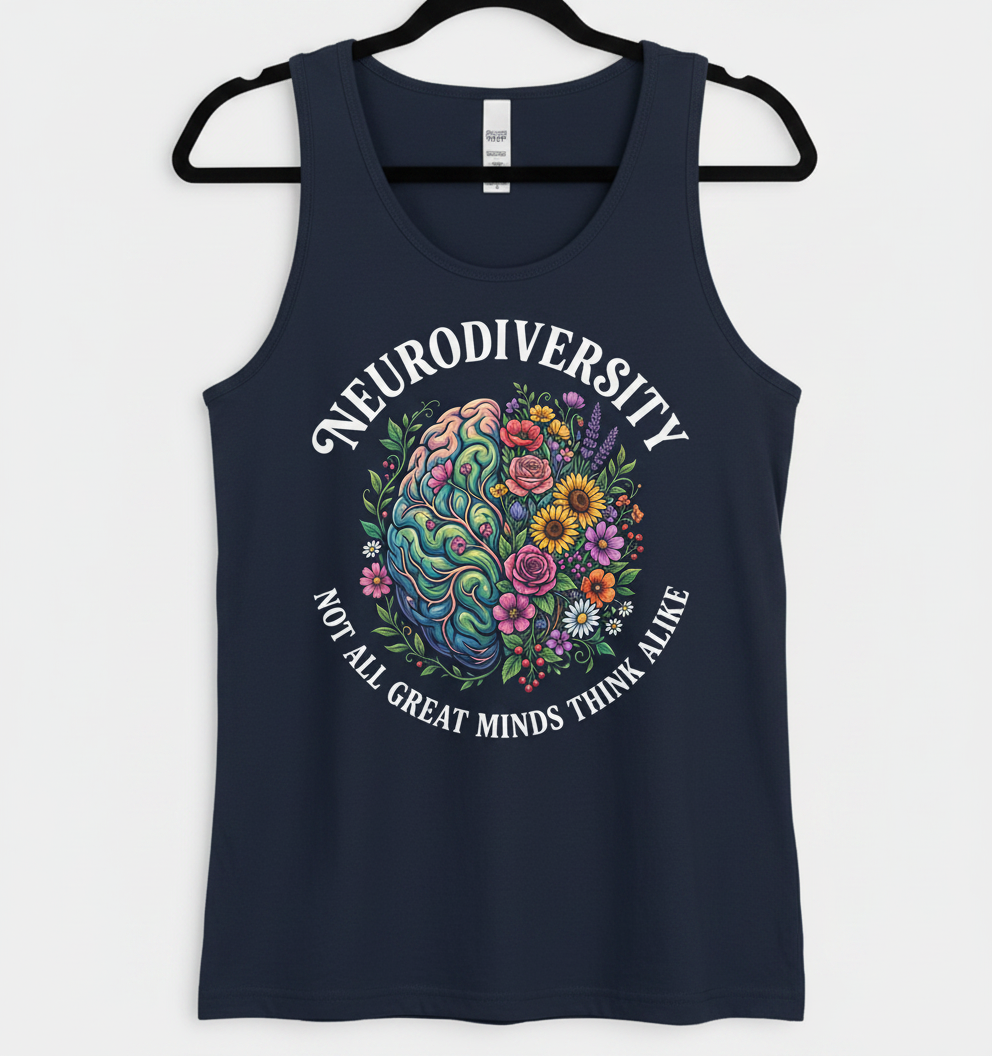 Neurodiversity Floral Brain 'Not All Great Minds Think Alike' Tank Top - Navy