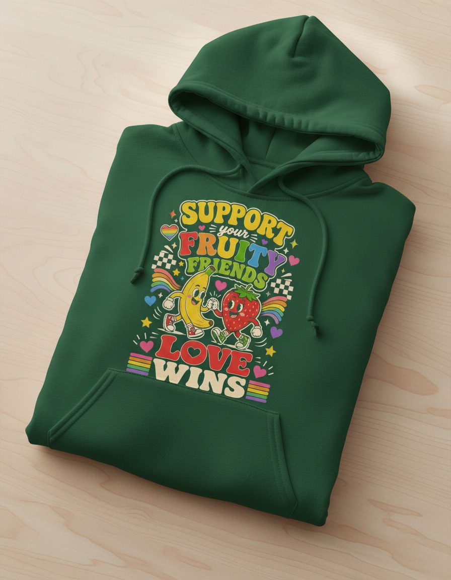 Support Your Fruity Friends Love Wins Retro Lgbtq+ Pride Hoodie - product mockup - Forest Green