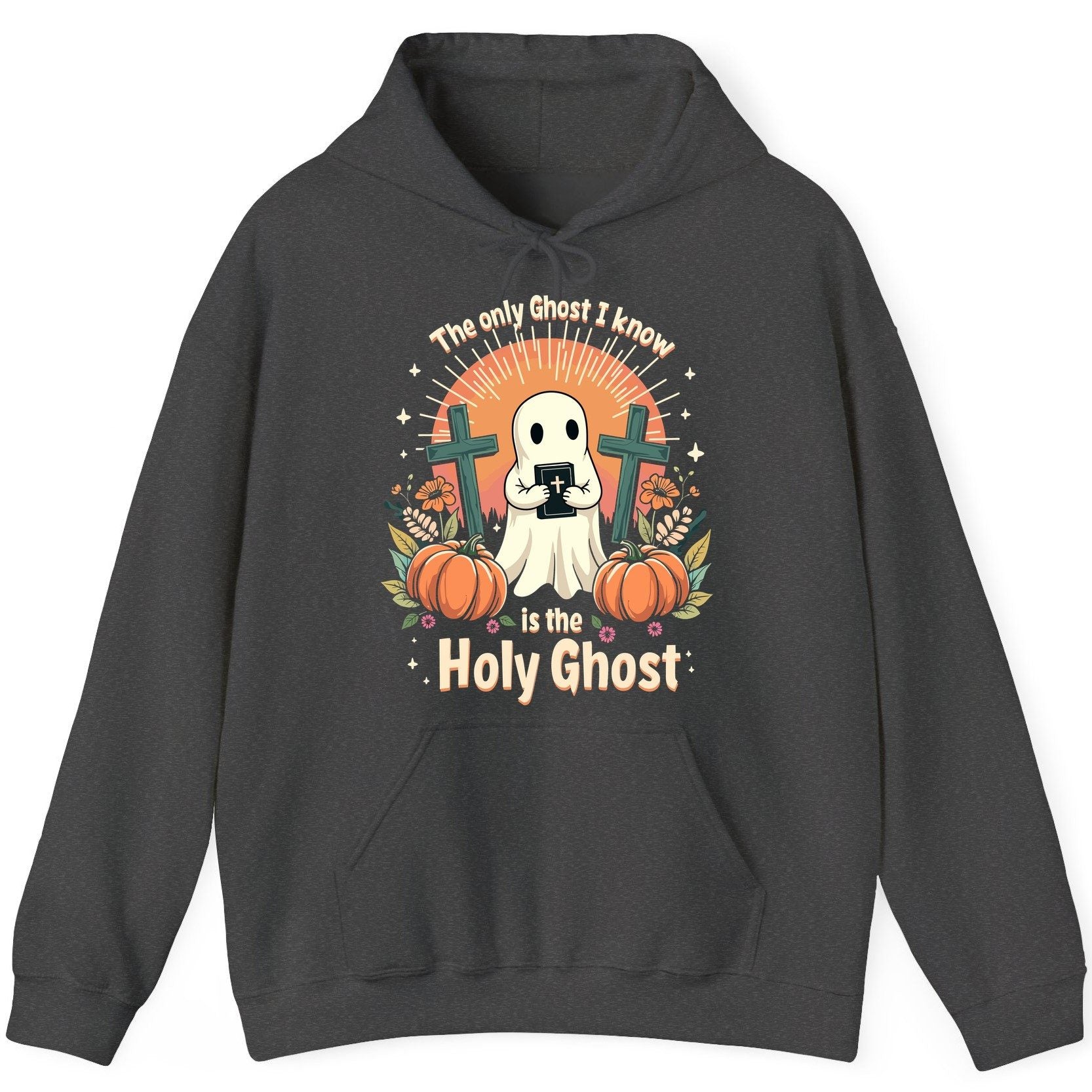 The Only Ghost I Know Is the Holy Ghost christian Halloween Hoodie Dark Heather product mockup