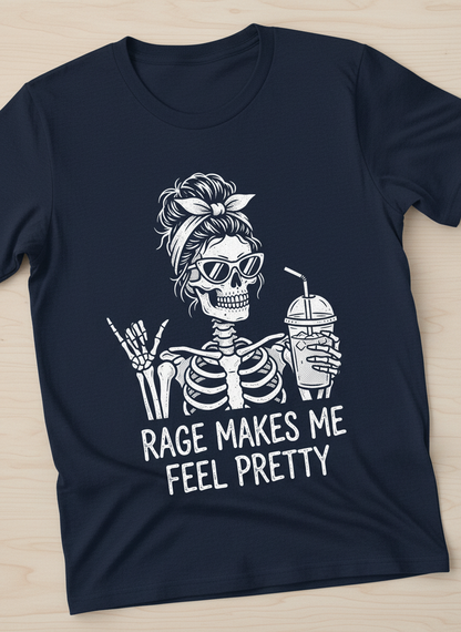 Rage Makes Me Feel Pretty Skeleton Messy Bun T-Shirt - Navy