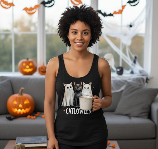 Catloween Halloween cats Tank Top Black lifestyle mockup