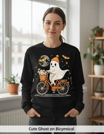 Cute Ghost on Bicycle cute ghost Sweatshirt Black lifestyle mockup