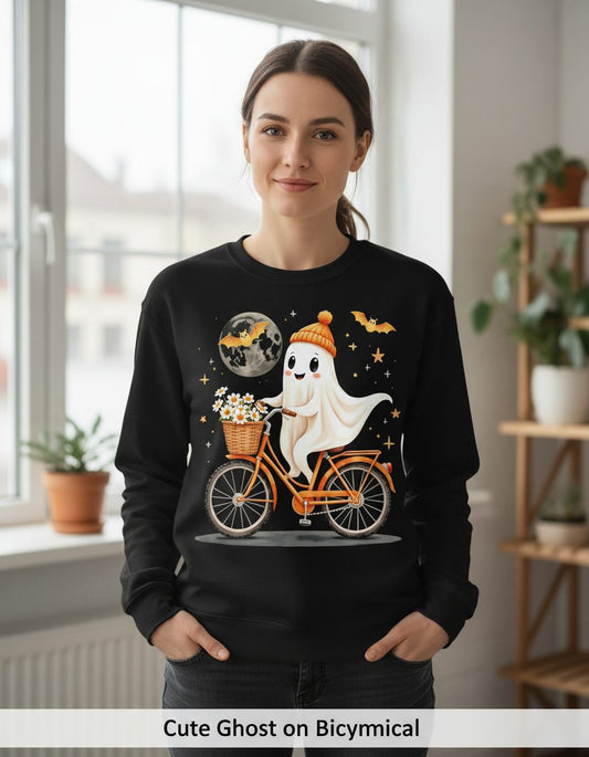 Cute Ghost on Bicycle cute ghost Sweatshirt Black lifestyle mockup