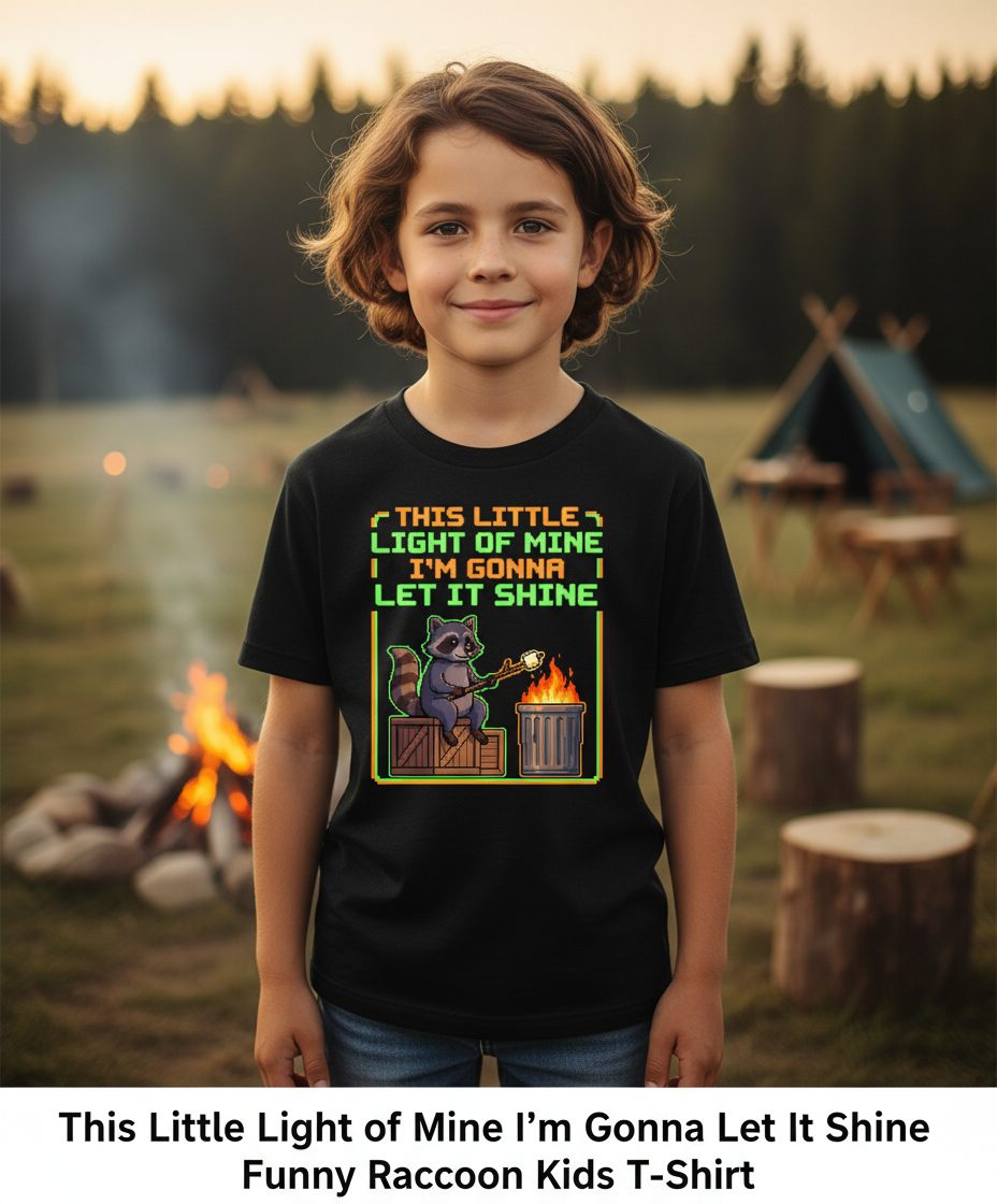 THIS LITTLE LIGHT OF MINE I'M GONNA LET IT SHINE Raccoon Youth T-Shirt Black lifestyle mockup