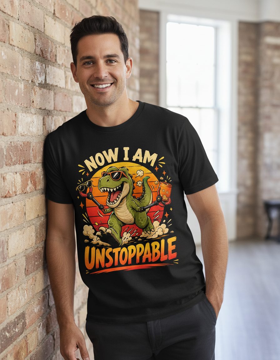 Now I Am Unstoppable Funny T-Rex Dinosaur T-Shirt - lifestyle model mockup - Black