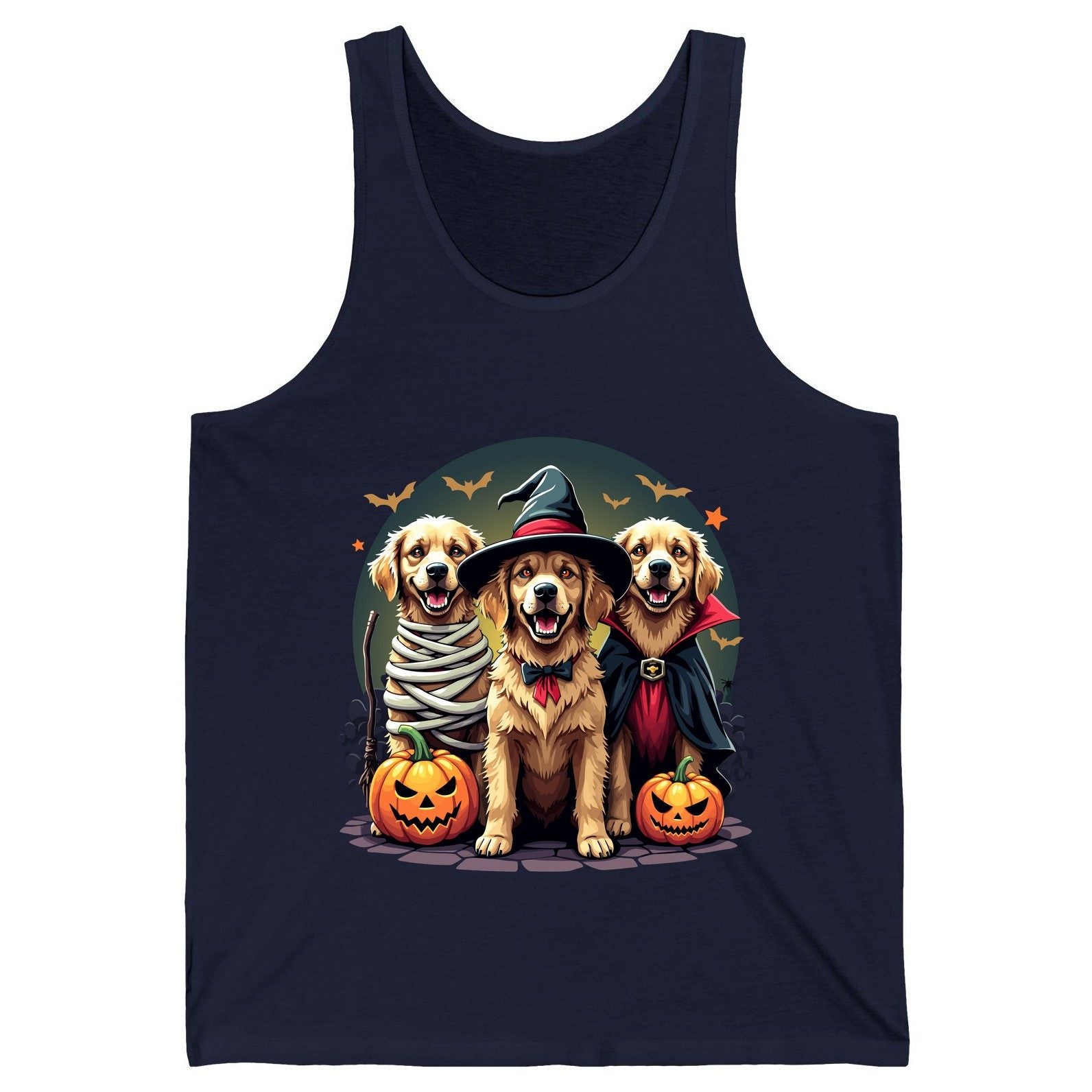 Golden Retriever Halloween Trio golden retriever Tank Top Navy product mockup
