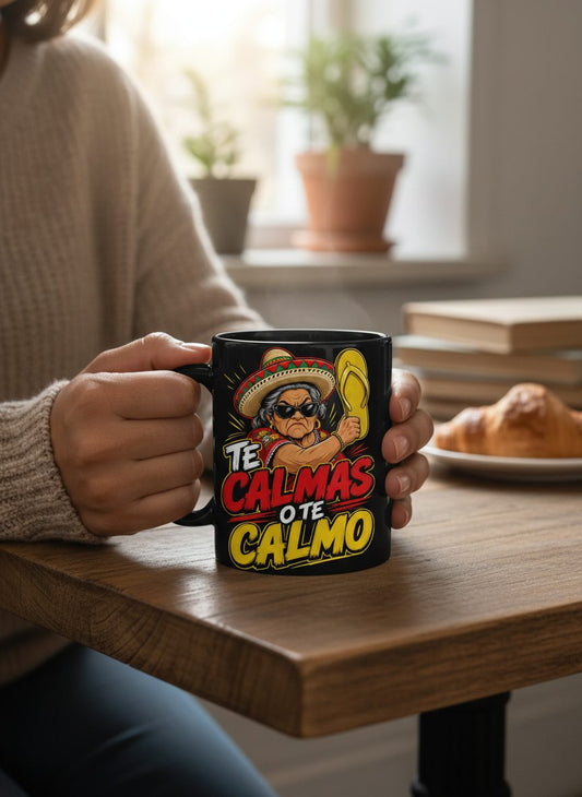 Te Calmas O Te Calmo Funny Mexican Grandma Black Mug - lifestyle model mockup - Black