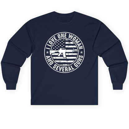 I LOVE ONE WOMAN AND Several GUNS Funny Gun Owners Long Sleeve Tee - product mockup - Navy