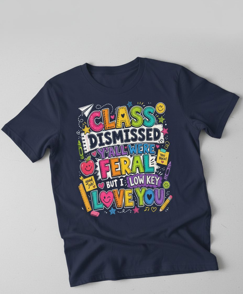 Class Dismissed Y'all Were Feral but I Low Key Love You T-Shirt - product mockup - Navy
